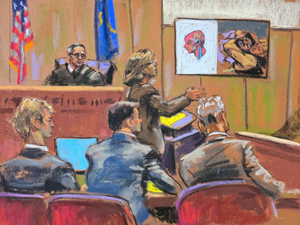 La procureure adjointe, Dafna Yoran, prononce sa clôture au tribunal pénal de Manhattan, sous le regard de Daniel Penny mardi dans ce croquis de la salle d'audience. (Jane Rosenberg/Reuters)